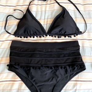 High wasted black string bikini with Pom poms